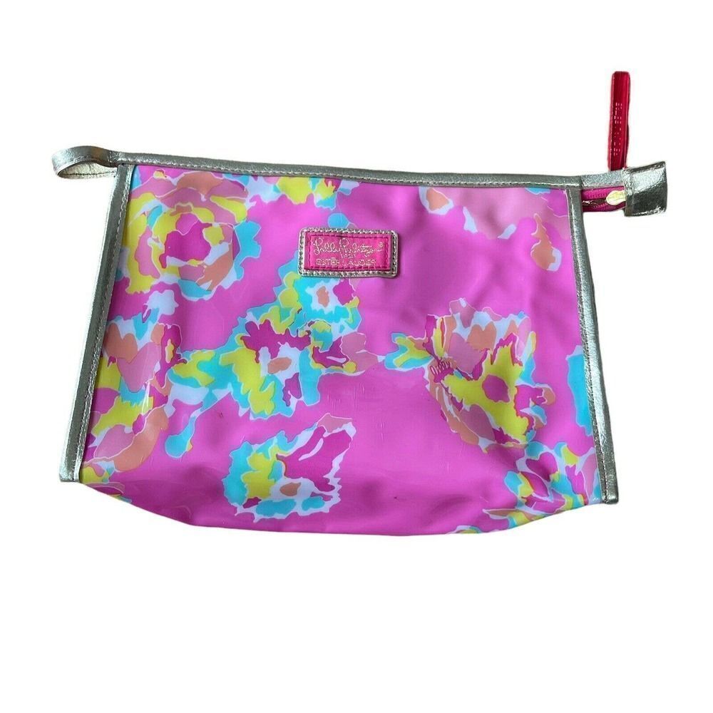 Lilly Pulitzer For Estee Lauder Makeup Bag Pink Floral Gold Trim Preppy Cosmetic